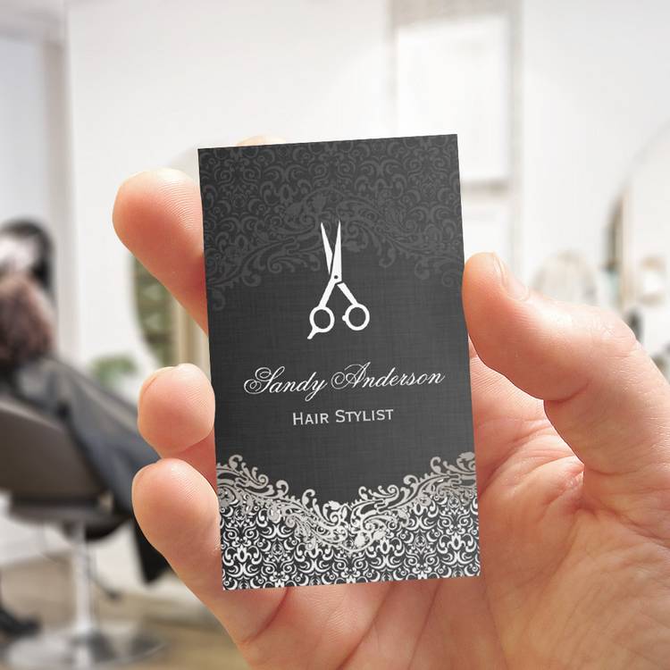 Customizable Elegant Dark Silver Damask - Hair Stylist Business Card