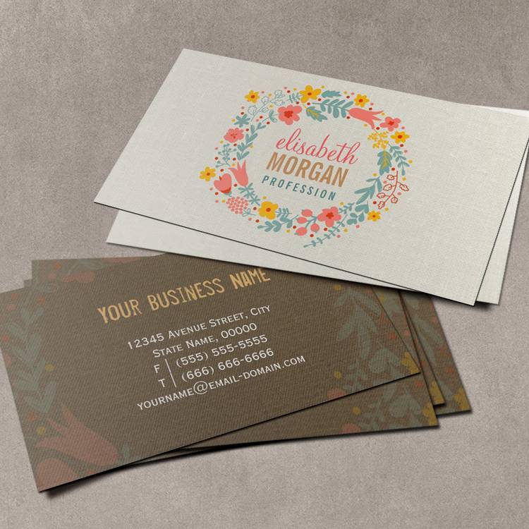 Customizable Elegant Linen Burlap with Floral Wreath Business Card Templates