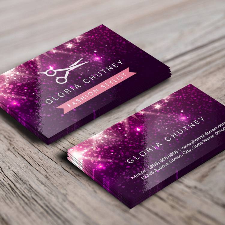 Customizable Hair Stylist Scissors - Pink Purple Glitter Business Card