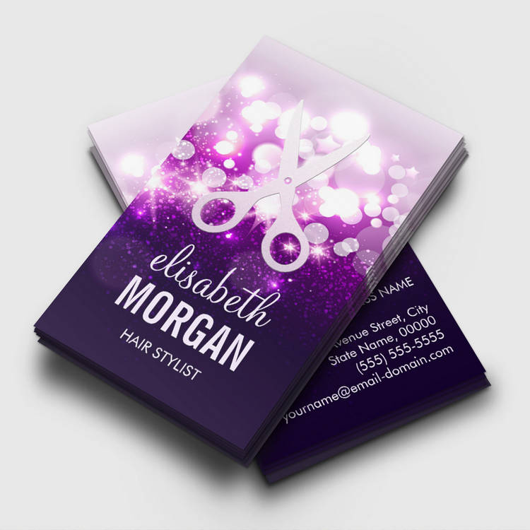 Customizable Purple Sparkly and Glitter Scissors - Hair Stylist Business Cards