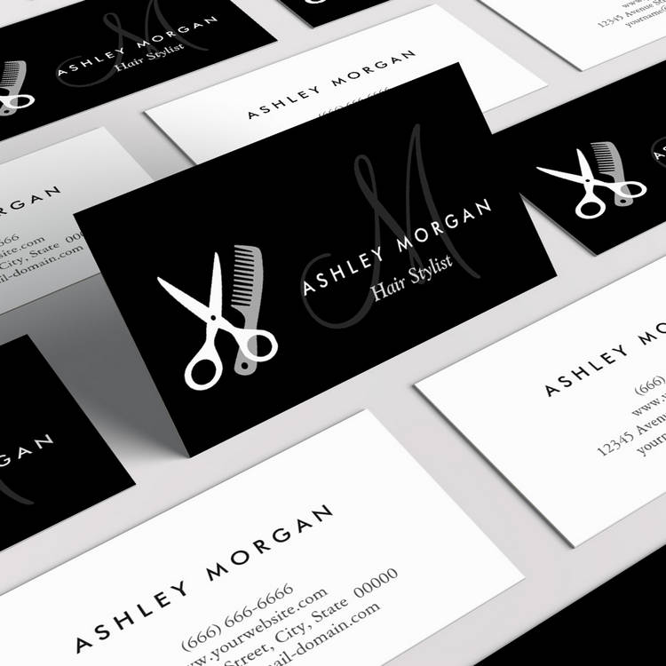 Customizable Black White Monogrammed - Hair Salon Hairstylist Business Card Template
