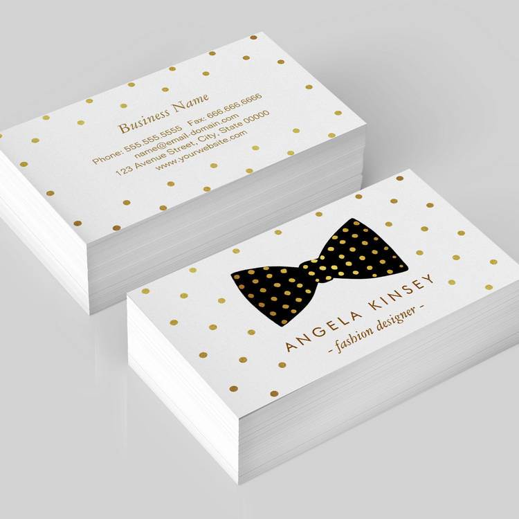 Customizable Cute Gold Polka Dots Ribbon Bow Business Card Template