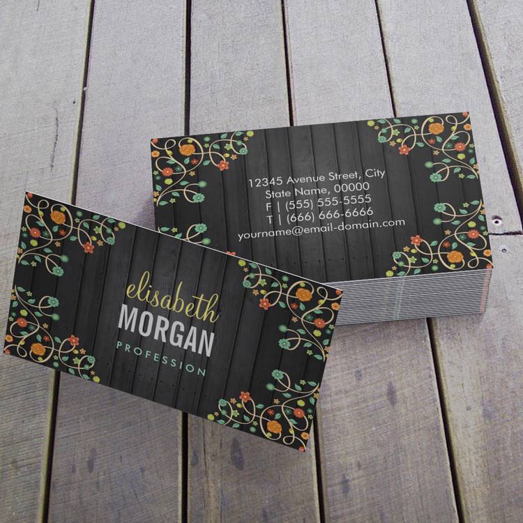 Customizable Cute Swirl Flowers on Dark Wood Business Cards