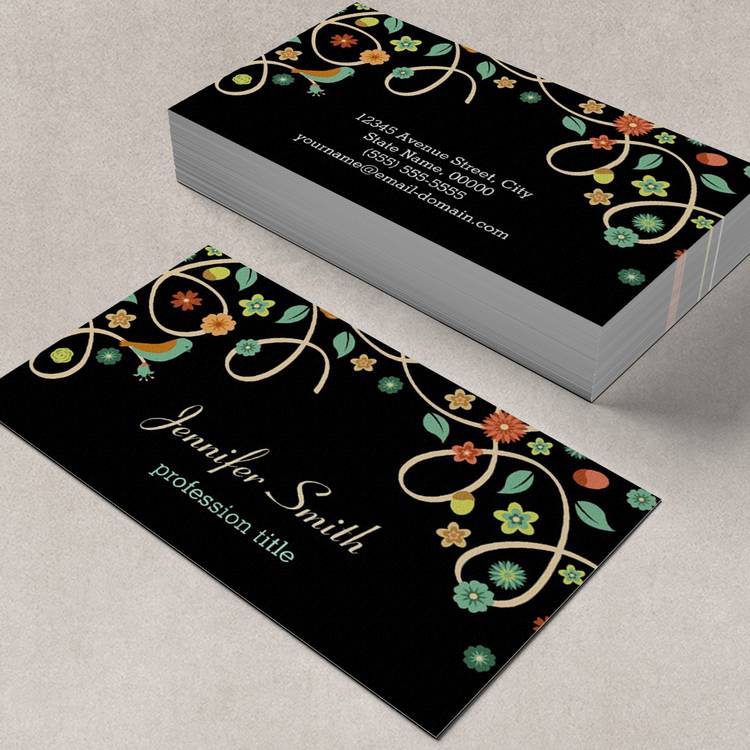 Customizable Dark Elegant Swirl Floral Tree and Bird Business Cards