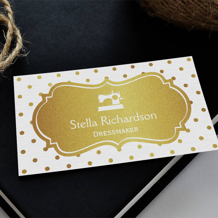 Customizable Dressmaker Seamstress Chic White Gold Polka Dots Business Card Template