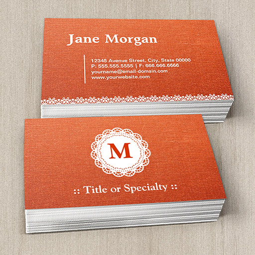 Customizable Elegant Lace Monogram Orange Pattern Business Card Templates