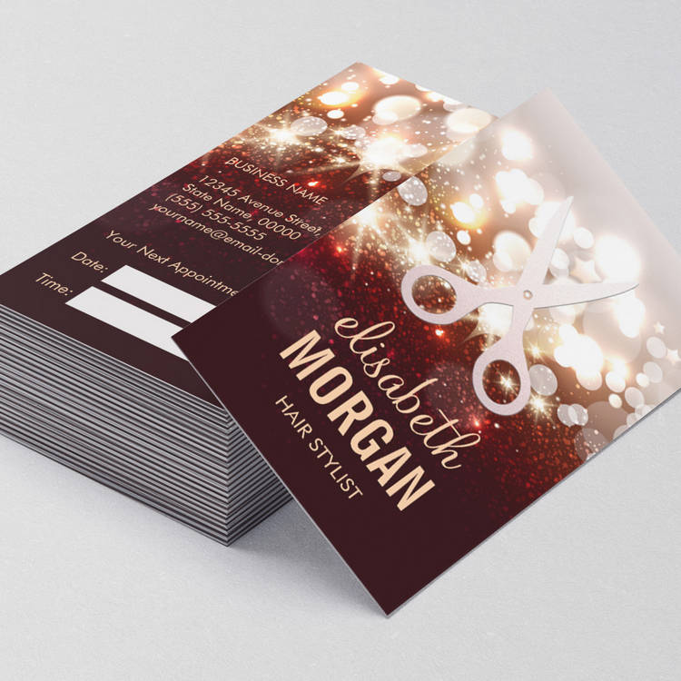 Customizable Fashionable Hair Stylist Gold Sparkle Appointment Business Card Template