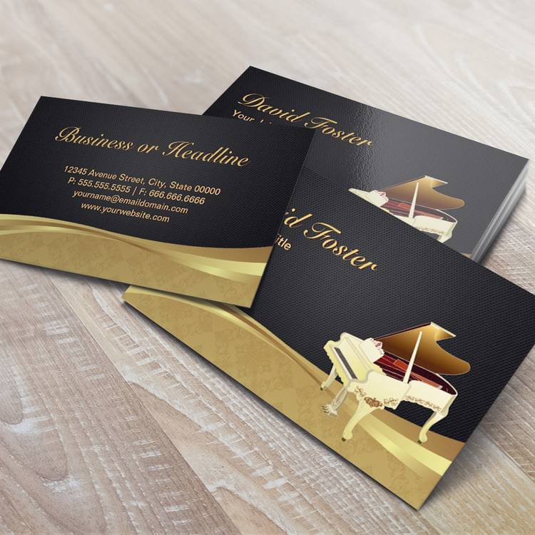 Customizable Grand Piano Pianist Elegant Black Gold Damask Business Card Template