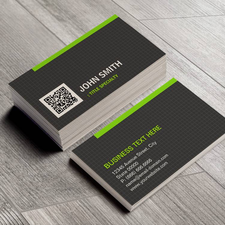 Customizable Green Border in Simple Grid Pattern with QR Code Business Cards