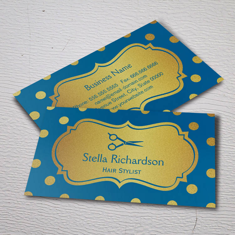 Customizable Hair Salon Stylist - Royal Blue Gold Polka Dots Business Card Template