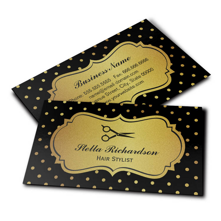 Customizable Hair Stylist - Black and Gold Glitter Polka Dots Business Cards
