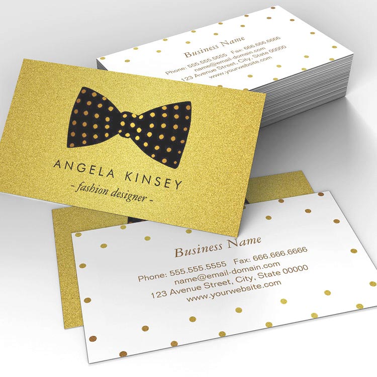 Customizable Modern Black and Gold Glitter Dots Ribbon Bow Business Card Template