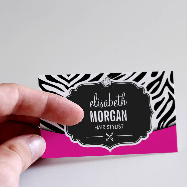 Customizable Modern Hair Stylist Black Pink Zebra Print Diamond Business Cards