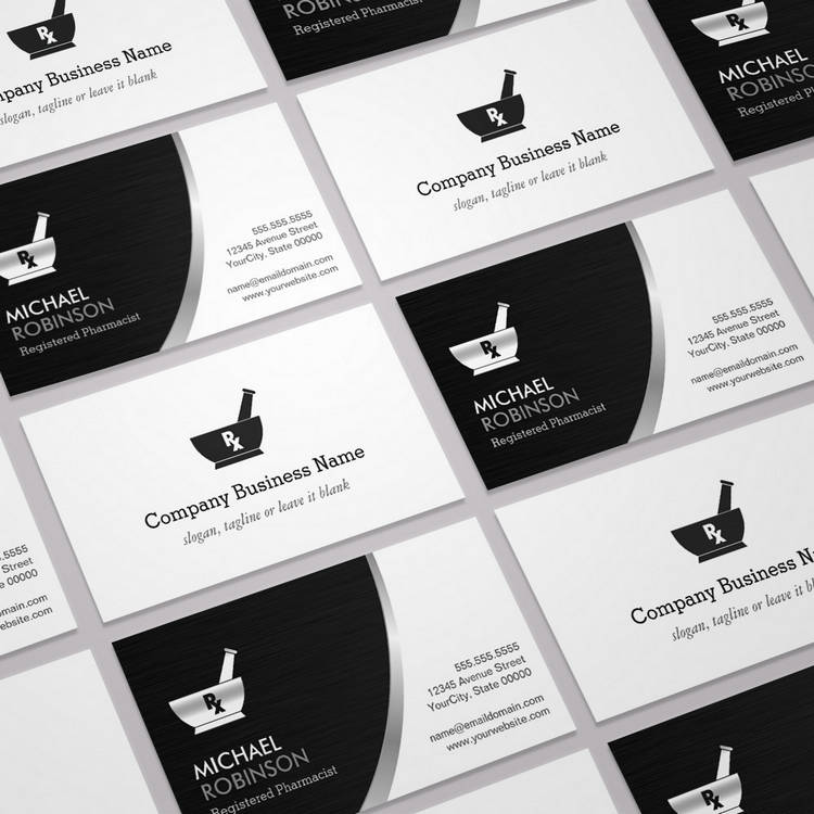 Customizable Pharmacy Pharmacist Logo - Modern Black Silver Business Card Templates