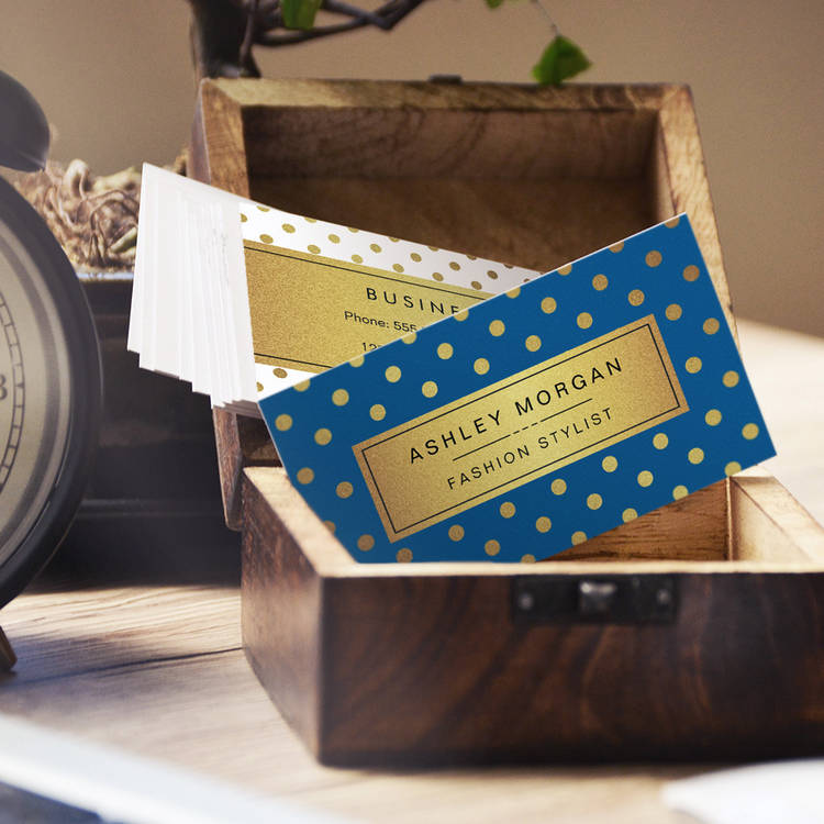 Customizable Premium Blue and Gold Glitter Polka Dots Business Cards
