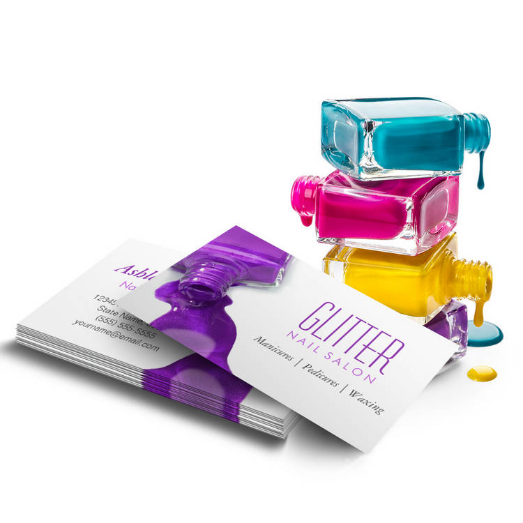 Customizable Stylish Hot Purple Glitter Nail Salon Manicure Business Card Template