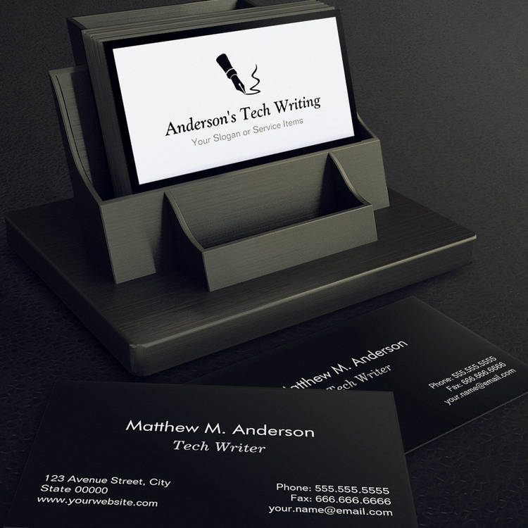 Customizable Tech Writer - Classic Black and White Pen Logo Business Card Template