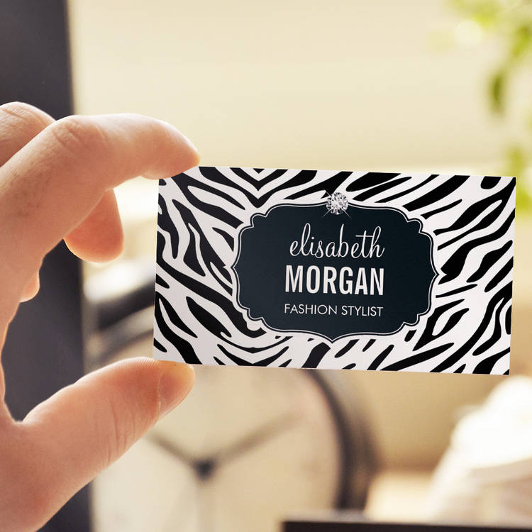 Customizable Trendy Black and White Zebra Print Shiny Diamond Business Card Templates