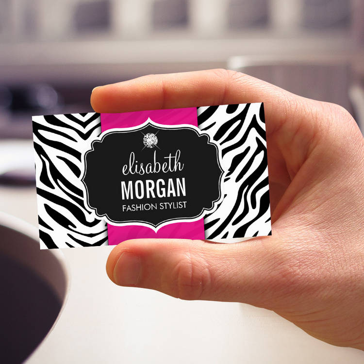 Customizable Trendy Stylish Zebra Print Diamond Girly Hot Pink Business Card Templates